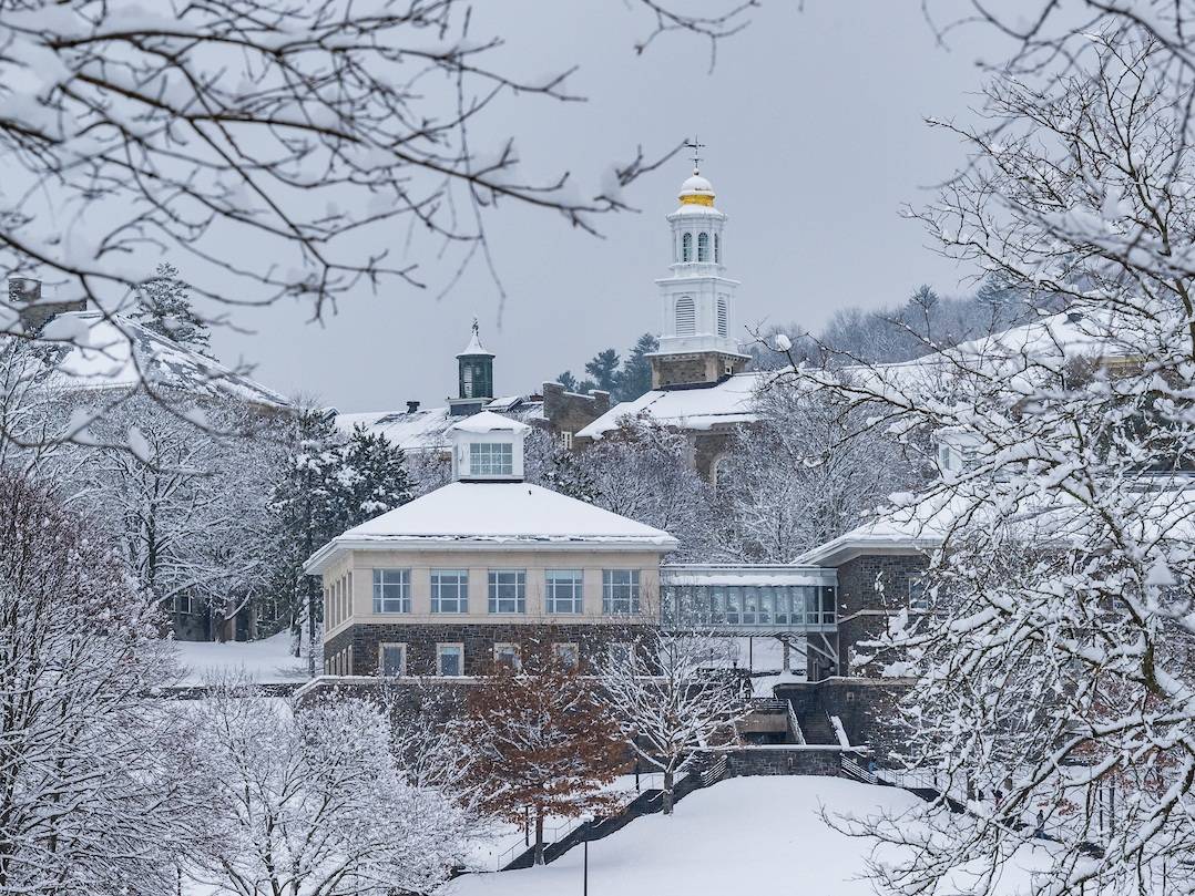 The PվƵ campus is pictured after a snowfall